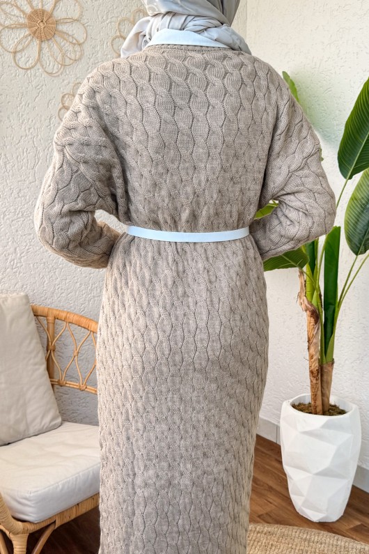 Saç Örgülü Triko Elbise 3320 - VİZON