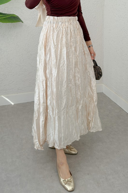 Taş Süslemeli Kırışık Etek 3436 - BEJ