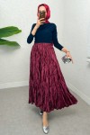 Taş Süslemeli Kırışık Etek 3436 - BORDO
