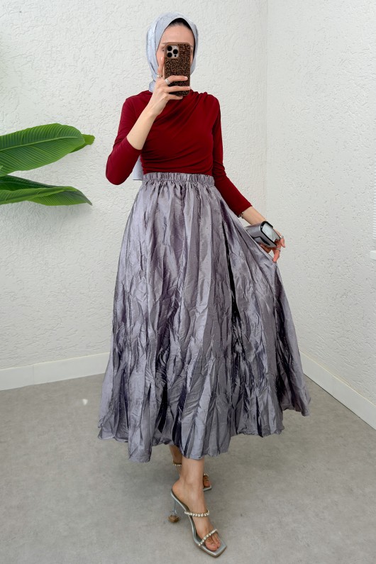 Taş Süslemeli Kırışık Etek 3436 - GRİ