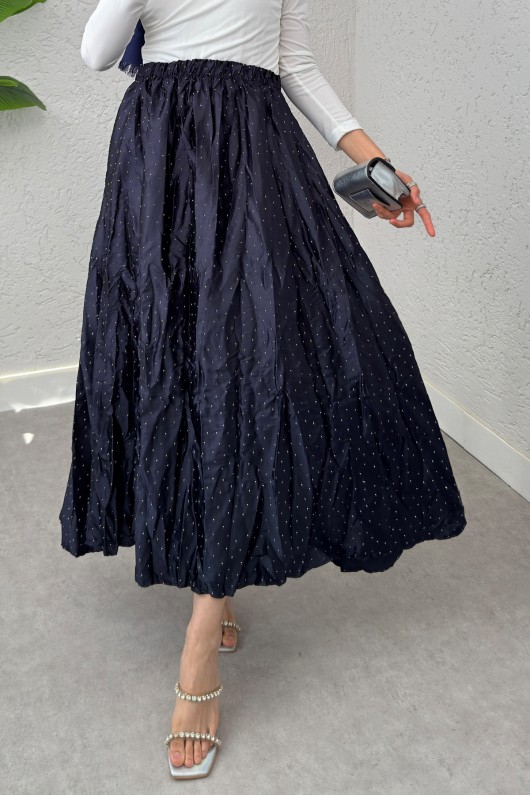 Taş Süslemeli Kırışık Etek 3436 - LACİVERT