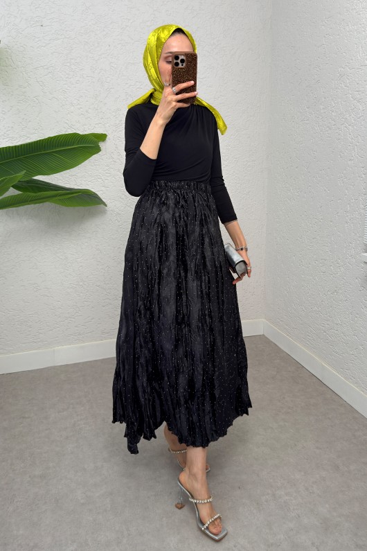 Taş Süslemeli Kırışık Etek 3436 - SİYAH