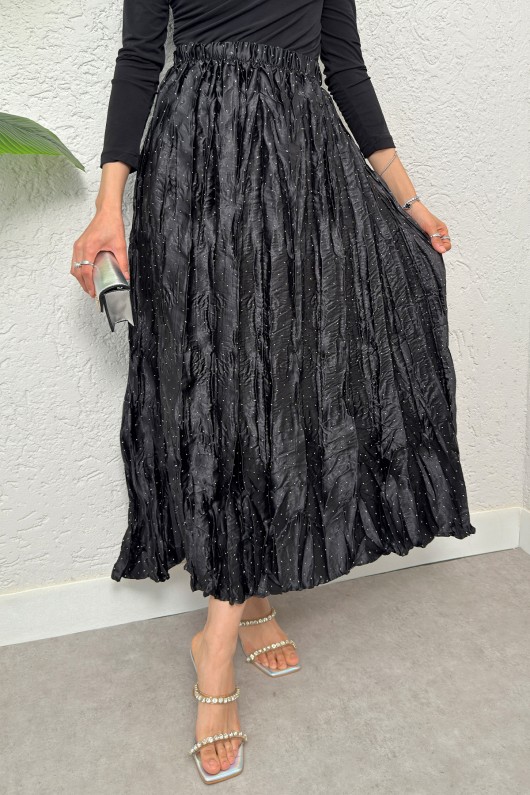 Taş Süslemeli Kırışık Etek 3436 - SİYAH