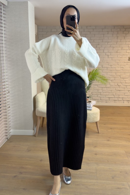 4001 Plise Detaylı Triko Etek - SİYAH