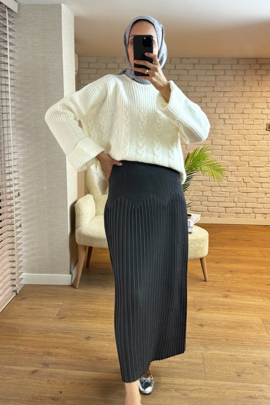 4001 Plise Detaylı Triko Etek - GRİ