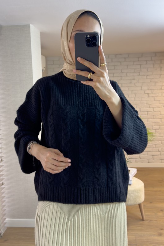 4002 Sarmal Örgülü Triko Kazak - SİYAH