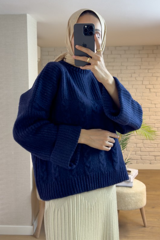 4002 Sarmal Örgülü Triko Kazak - LACİVERT 4002 Sarmal Örgülü Triko Kazak - LACİVERT