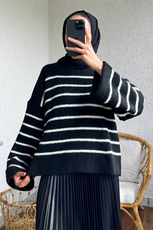 4003 Çizgili Triko Kazak - SİYAH