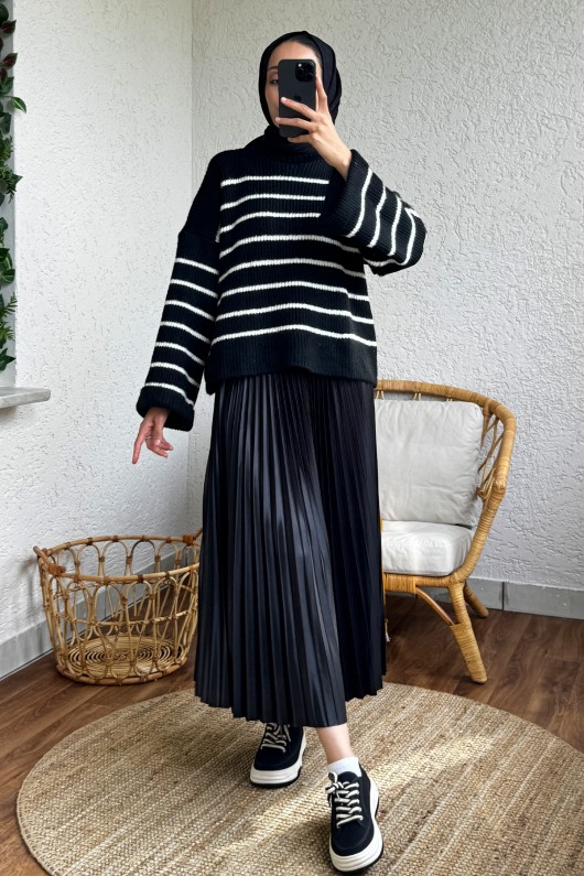 4003 Çizgili Triko Kazak - SİYAH