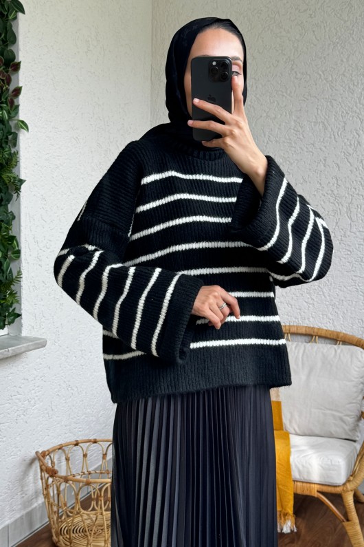 4003 Çizgili Triko Kazak - SİYAH