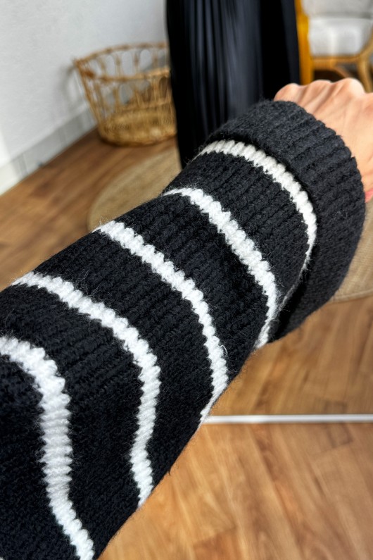 4003 Çizgili Triko Kazak - SİYAH