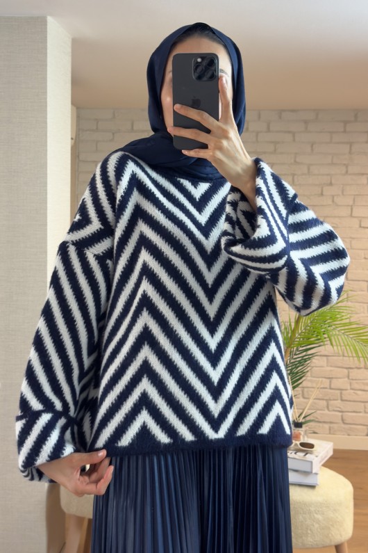 4004 Zigzag Desen Triko Kazak - LACİVERT