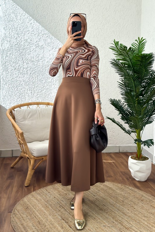 2007 Puf Scuba Kloş Etek - KAHVERENGİ