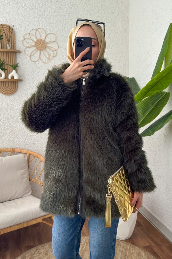 4107 Premium Suni Kürk Mont - HAKİ