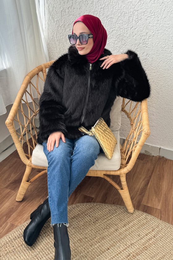 4107 Premium Suni Kürk Mont - SİYAH