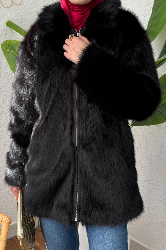 4107 Premium Suni Kürk Mont - SİYAH