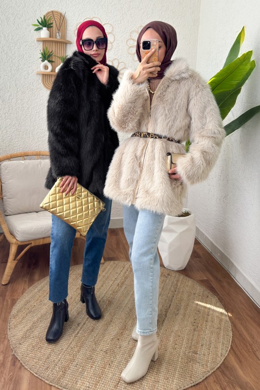 4107 Premium Suni Kürk Mont - SİYAH 4107 Premium Suni Kürk Mont - SİYAH