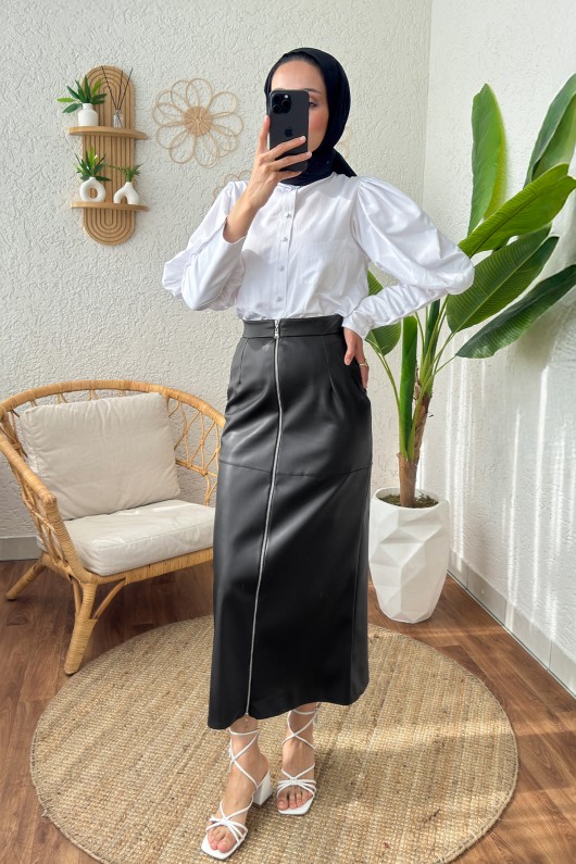 4114 Fermuarlı Deri Etek - SİYAH