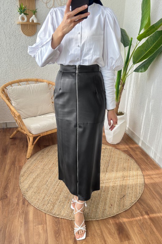 4114 Fermuarlı Deri Etek - SİYAH