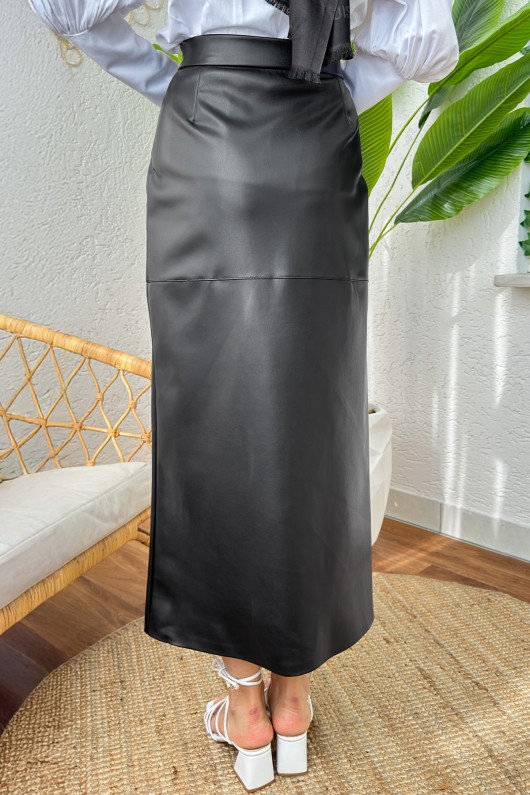 4114 Fermuarlı Deri Etek - SİYAH