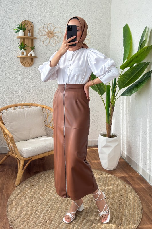 4114 Fermuarlı Deri Etek - TABA