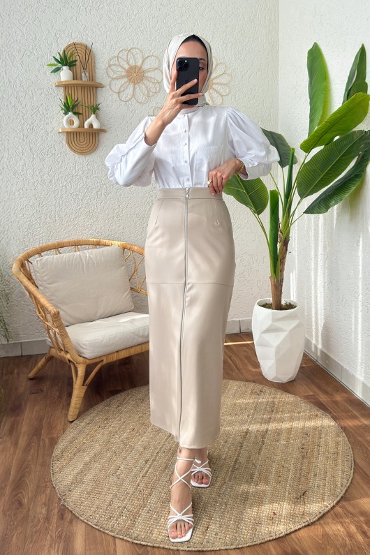 4114 Fermuarlı Deri Etek - TAŞ RENGİ