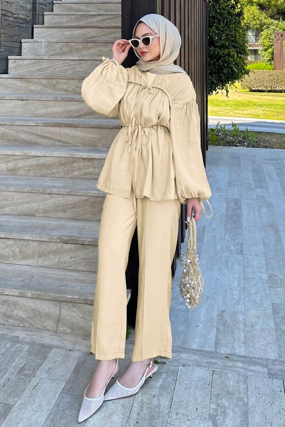 Büzgülü Tencel Takım 41275 - TAŞ RENGİ