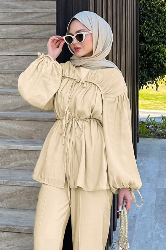 Büzgülü Tencel Takım 41275 - TAŞ RENGİ Büzgülü Tencel Takım 41275 - TAŞ RENGİ