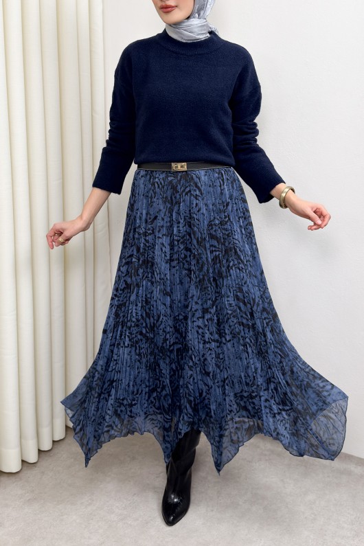 Asimetrik Kesim Desenli Şifon Etek 4151 - İNDİGO