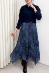 Asimetrik Kesim Desenli Şifon Etek 4151 - İNDİGO