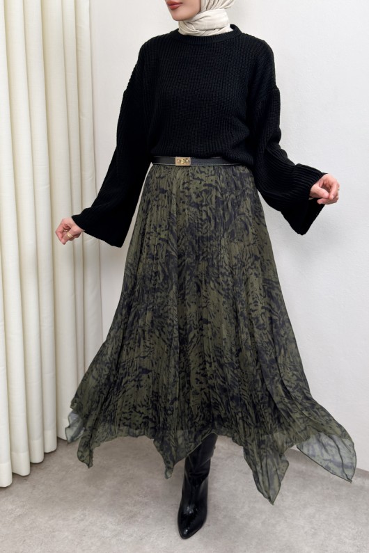 Asimetrik Kesim Desenli Şifon Etek 4151 - HAKİ