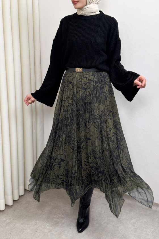 Asimetrik Kesim Desenli Şifon Etek 4151 - HAKİ