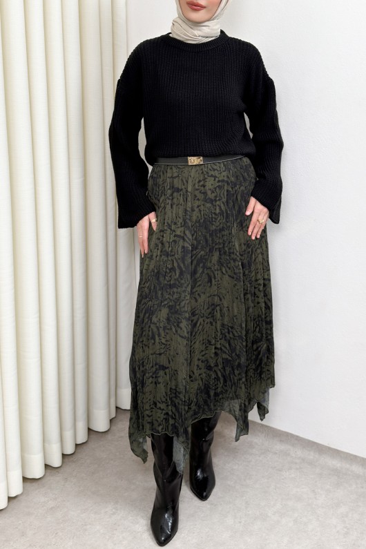 Asimetrik Kesim Desenli Şifon Etek 4151 - HAKİ