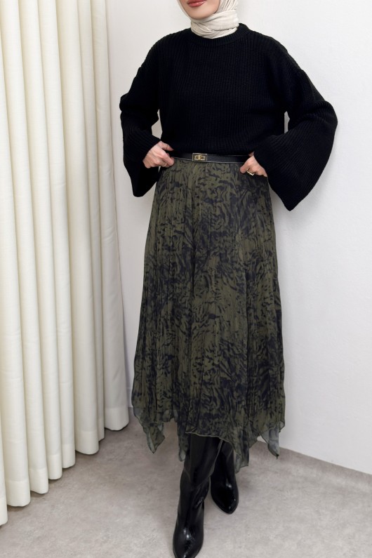 Asimetrik Kesim Desenli Şifon Etek 4151 - HAKİ