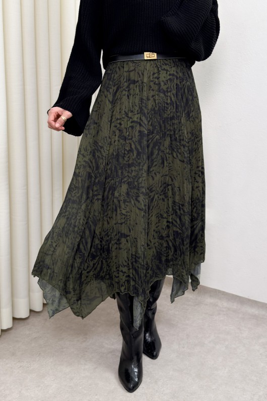 Asimetrik Kesim Desenli Şifon Etek 4151 - HAKİ