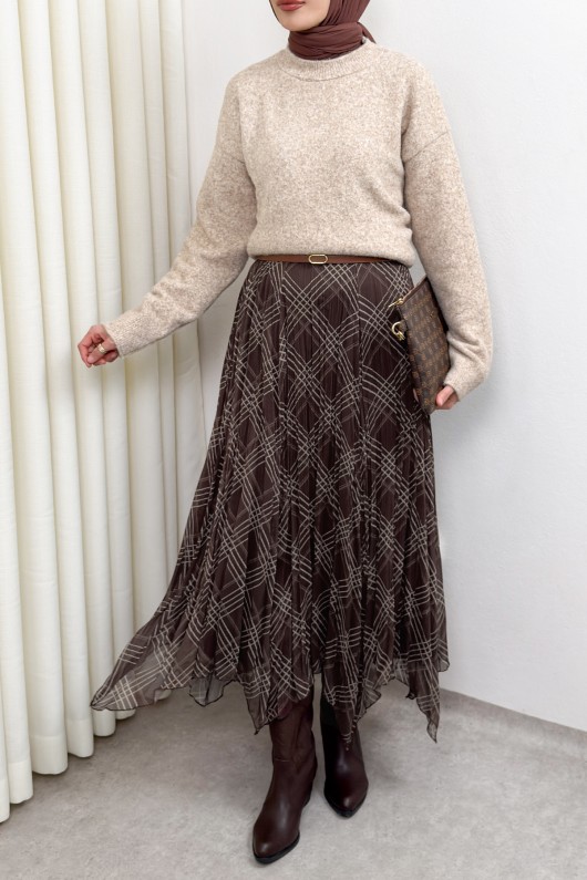 Asimetrik Kesim Desenli Şifon Etek 4151 - KAHVERENGİ