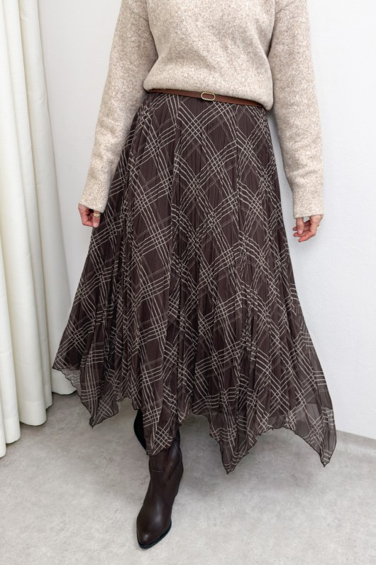 Asimetrik Kesim Desenli Şifon Etek 4151 - KAHVERENGİ