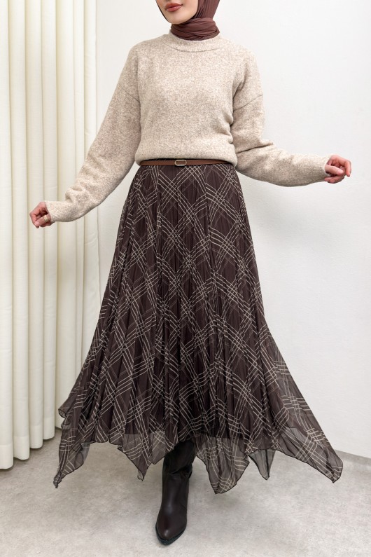 Asimetrik Kesim Desenli Şifon Etek 4151 - KAHVERENGİ