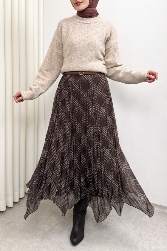 Asimetrik Kesim Desenli Şifon Etek 4151 - KAHVERENGİ