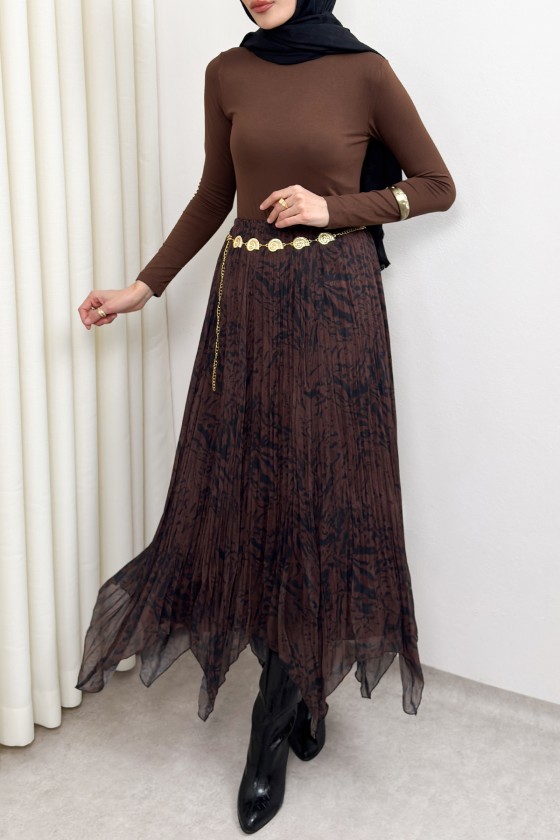 Asimetrik Kesim Desenli Şifon Etek 4151 - KİREMİT