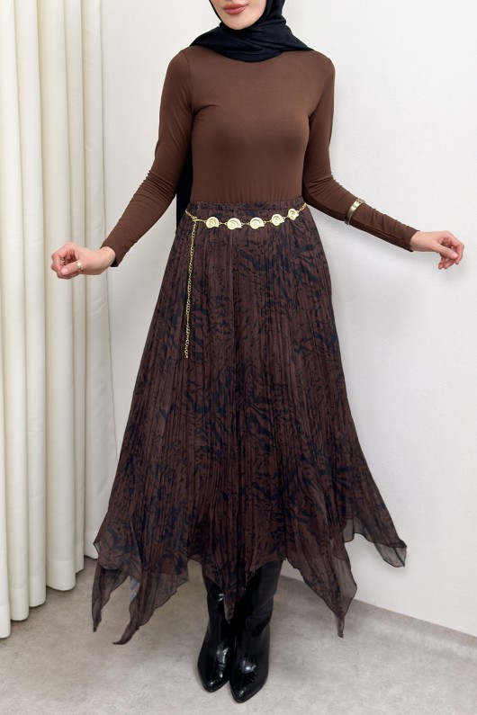 Asimetrik Kesim Desenli Şifon Etek 4151 - KİREMİT