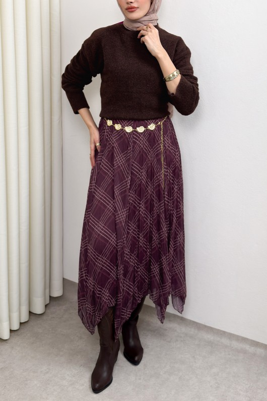 Asimetrik Kesim Desenli Şifon Etek 4151 - MÜRDÜM