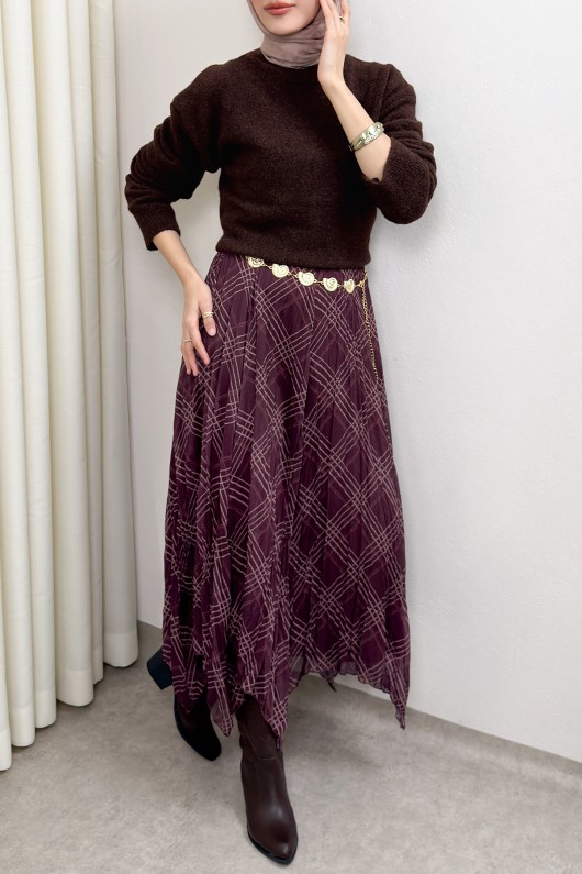 Asimetrik Kesim Desenli Şifon Etek 4151 - MÜRDÜM