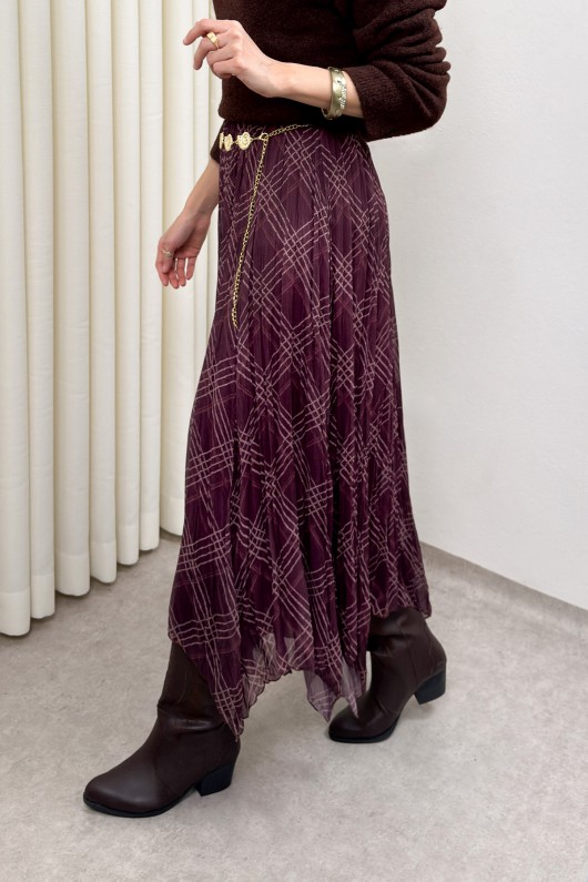 Asimetrik Kesim Desenli Şifon Etek 4151 - MÜRDÜM