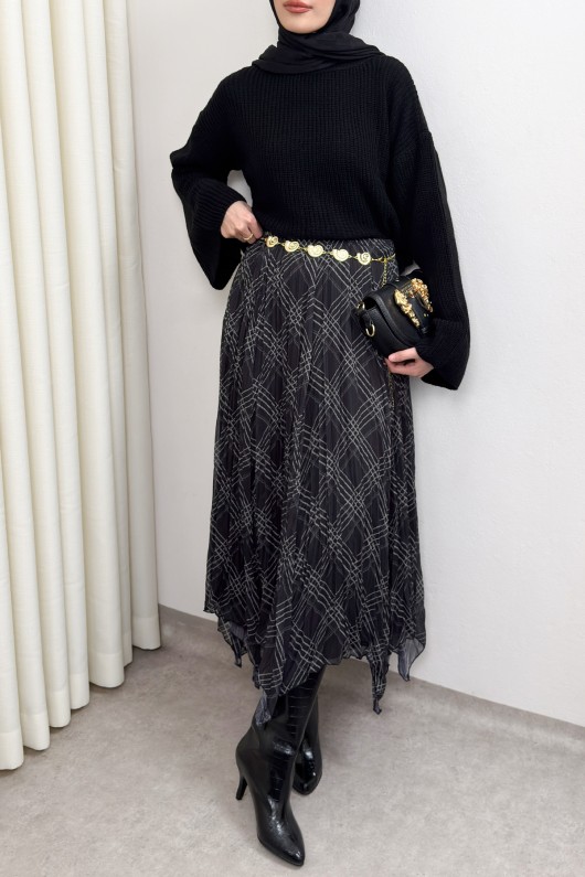 Asimetrik Kesim Desenli Şifon Etek 4151 - SİYAH