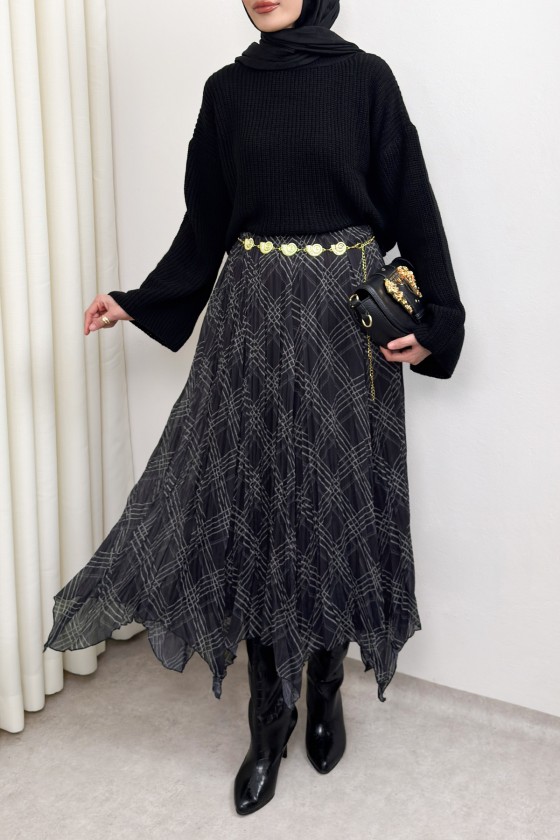 Asimetrik Kesim Desenli Şifon Etek 4151 - SİYAH