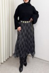 Asimetrik Kesim Desenli Şifon Etek 4151 - SİYAH