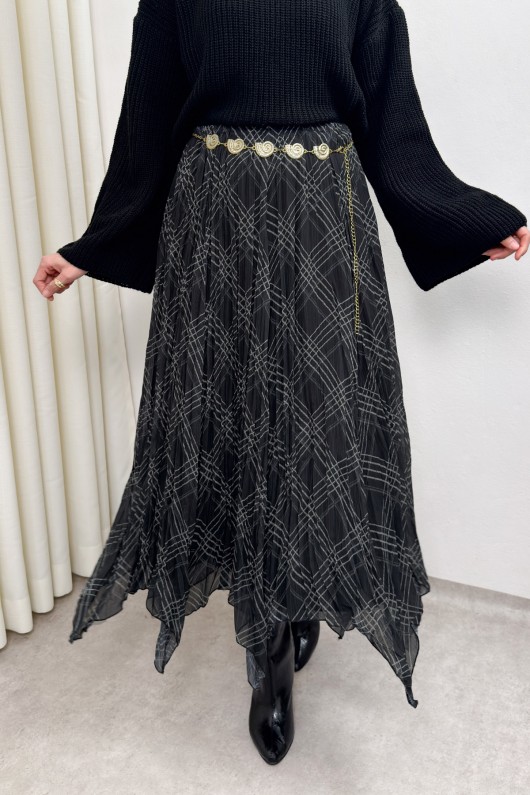 Asimetrik Kesim Desenli Şifon Etek 4151 - SİYAH