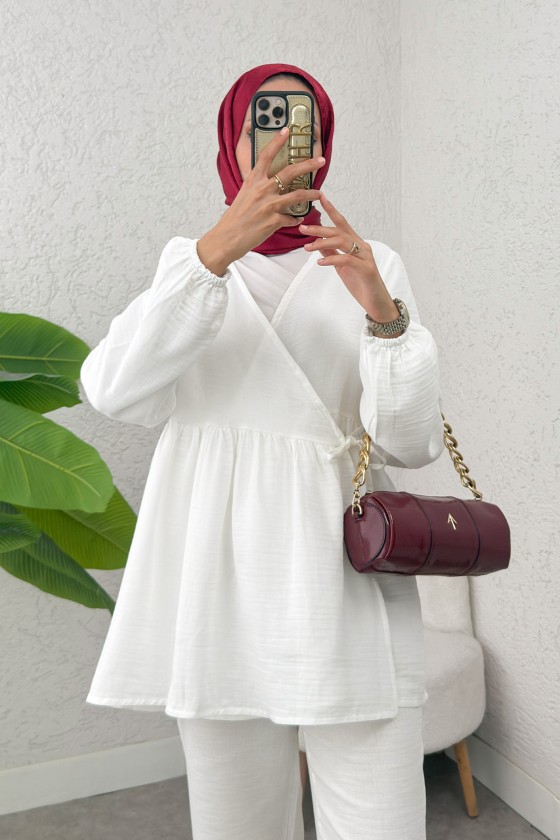 Çapraz Bağlamalı Kimono Takım 43457 - KREM Çapraz Bağlamalı Kimono Takım 43457 - KREM