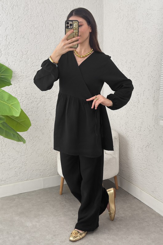 Çapraz Bağlamalı Kimono Takım 43457 - SİYAH